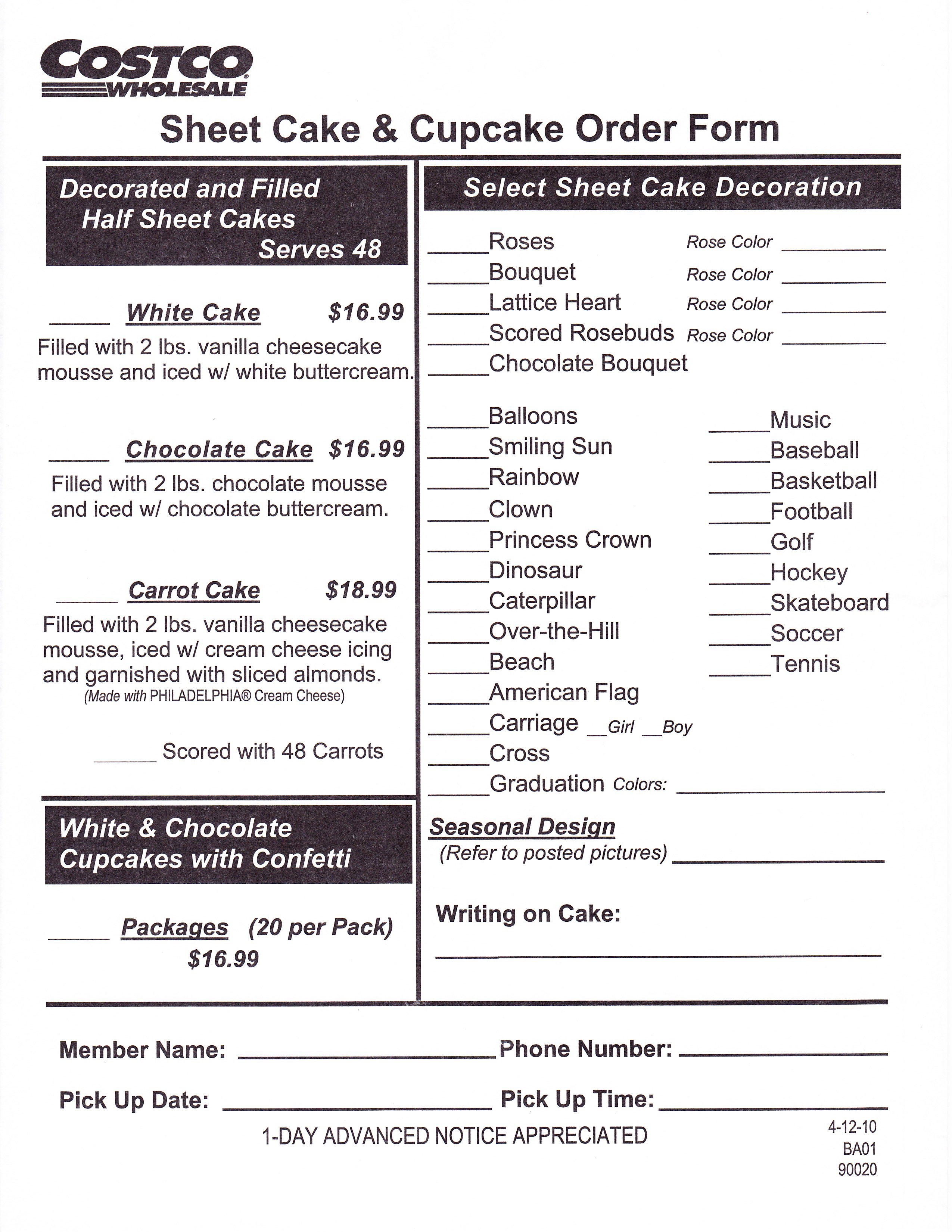 Costco Cake Order Form