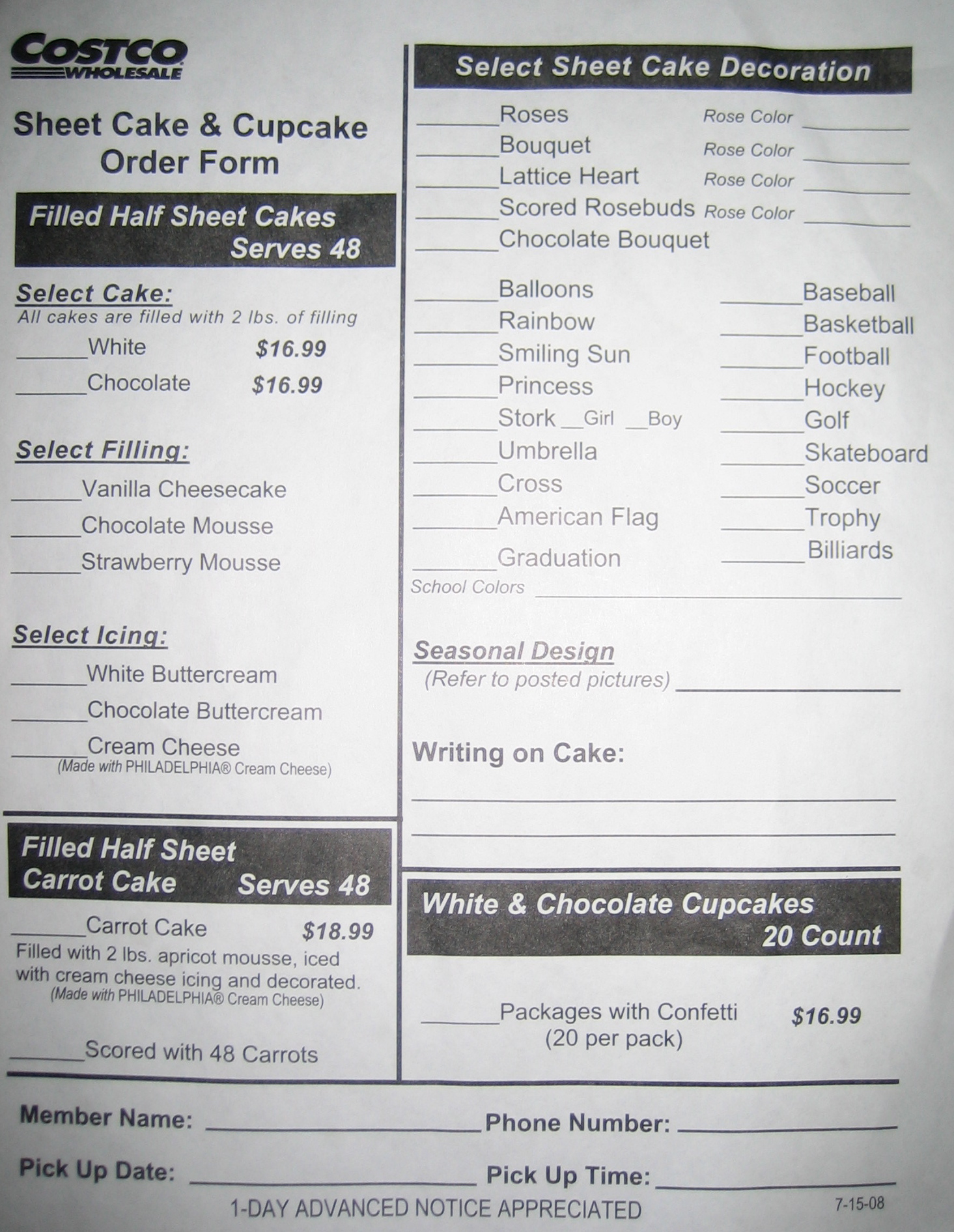 Costco Cake Order Form