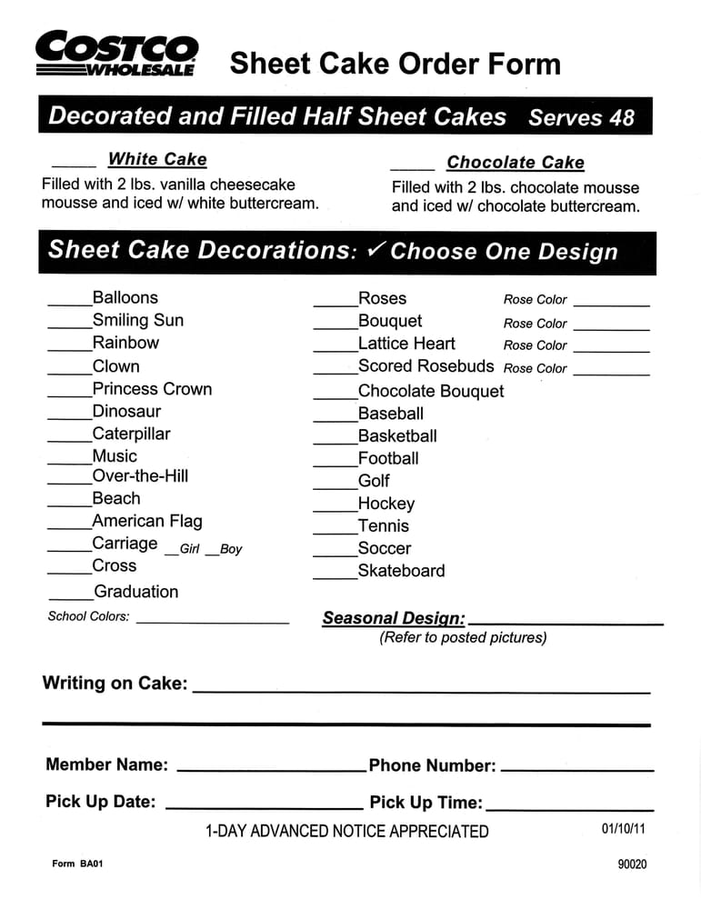 Costco Sheet Cake Order Form