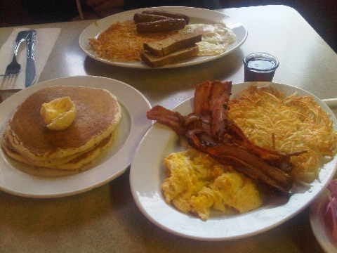 Hash Browns Eggs Bacon and Pancakes