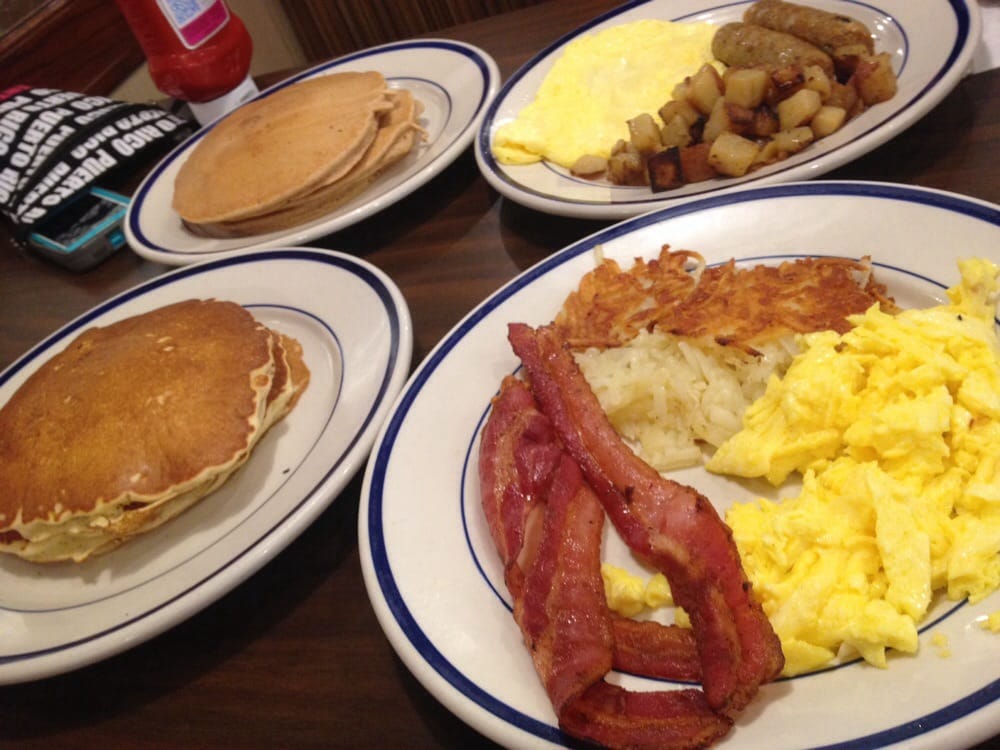 Pancakes Eggs Sausage and Hash Browns