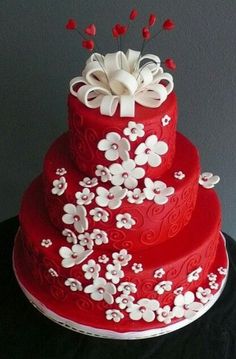 Red and White Fondant Cake