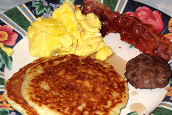 Sausage and Scrambled Eggs Bacon Pancakes