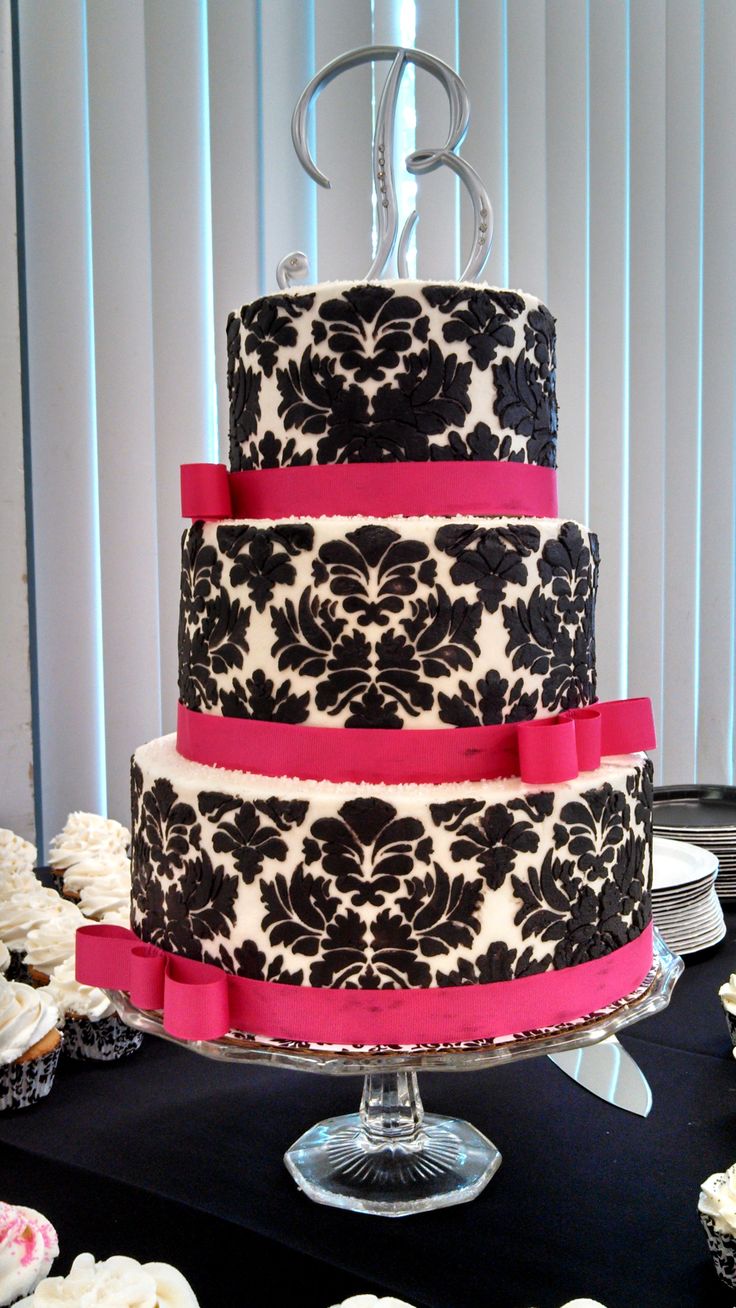 Black White and Fuschia Wedding Cake