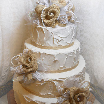 12 Burlap Pearls Lace Cakes Photo Wedding Cake With And Burlap And Lace Wedding Cake Topper