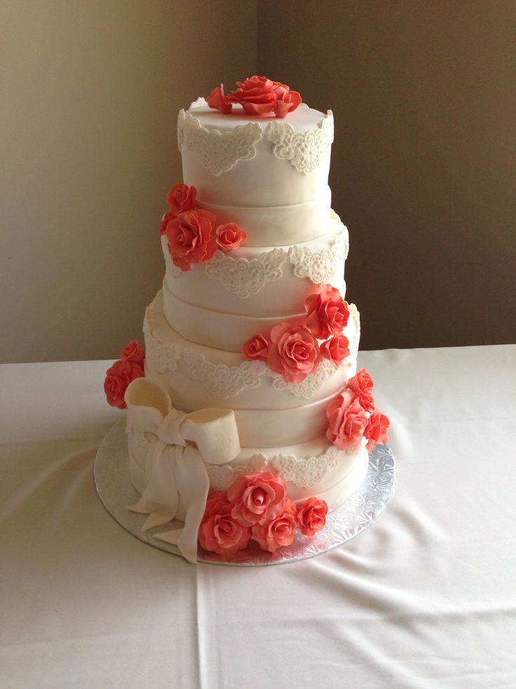 Coral and White Roses Wedding Cake