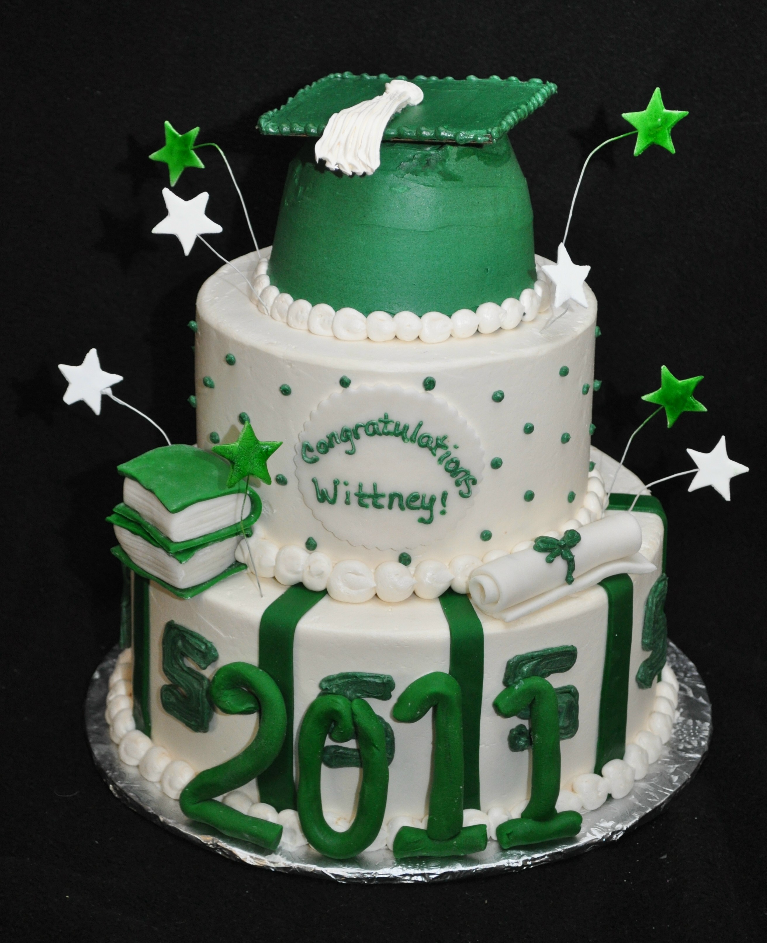 Green and White Graduation Cake