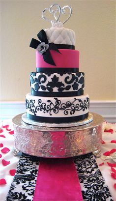 Hot Pink and Black Damask Wedding Cake
