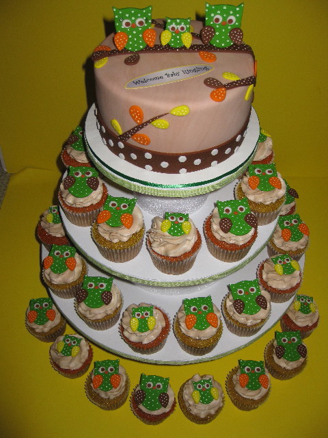 Owl Baby Shower Cake with Cupcakes