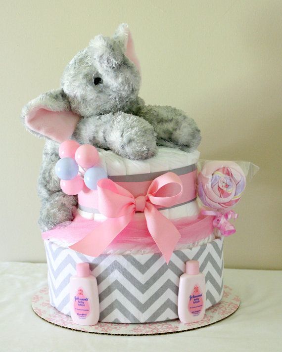 Pink and Gray Elephant Diaper Cake