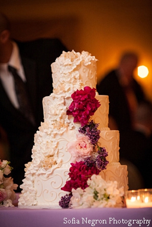 Pink and White Wedding Cake with Purple Flowers