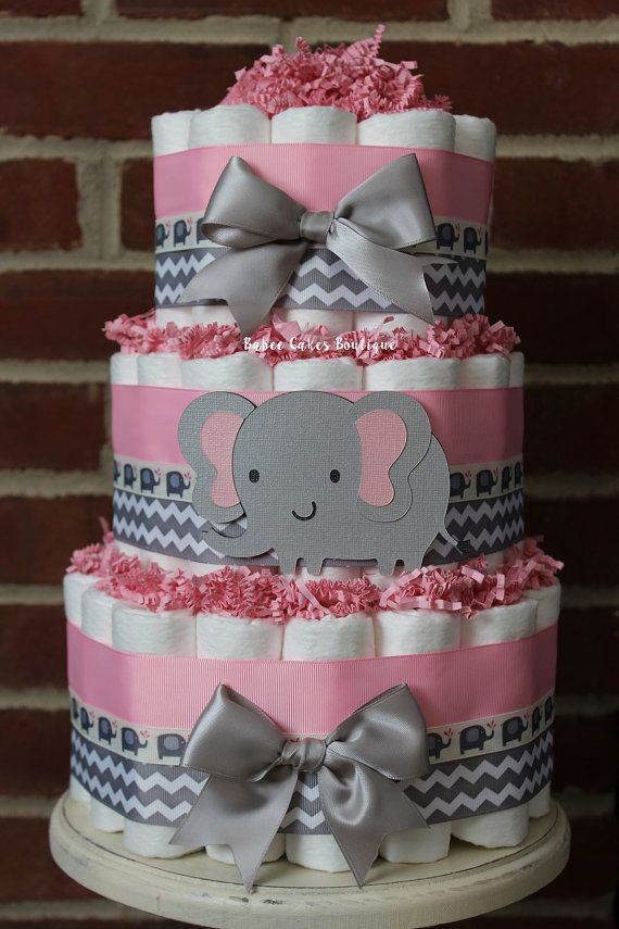 Pink Gray Elephant Baby Shower Cake