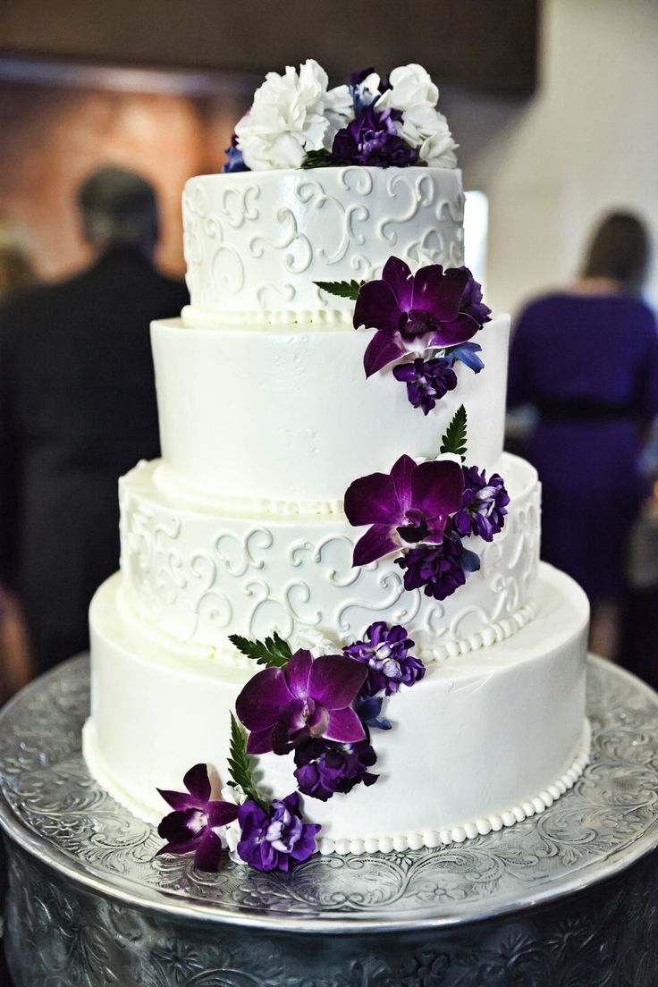Purple and White Wedding Cake with Flowers