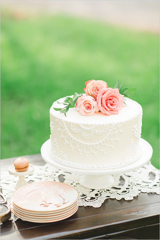White Wedding Cake with Peach Roses