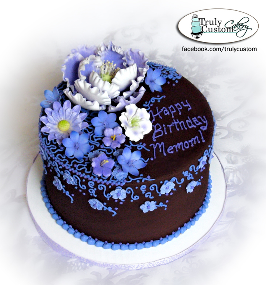 Chocolate Birthday Cake with Purple Flowers