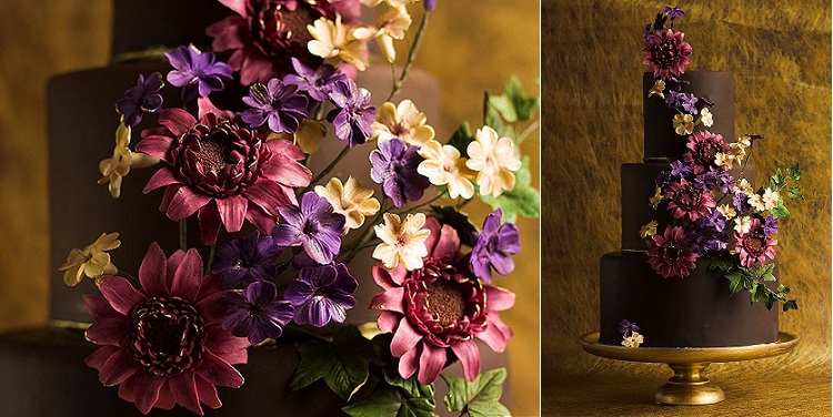 Chocolate Wedding Cake with Purple Flowers