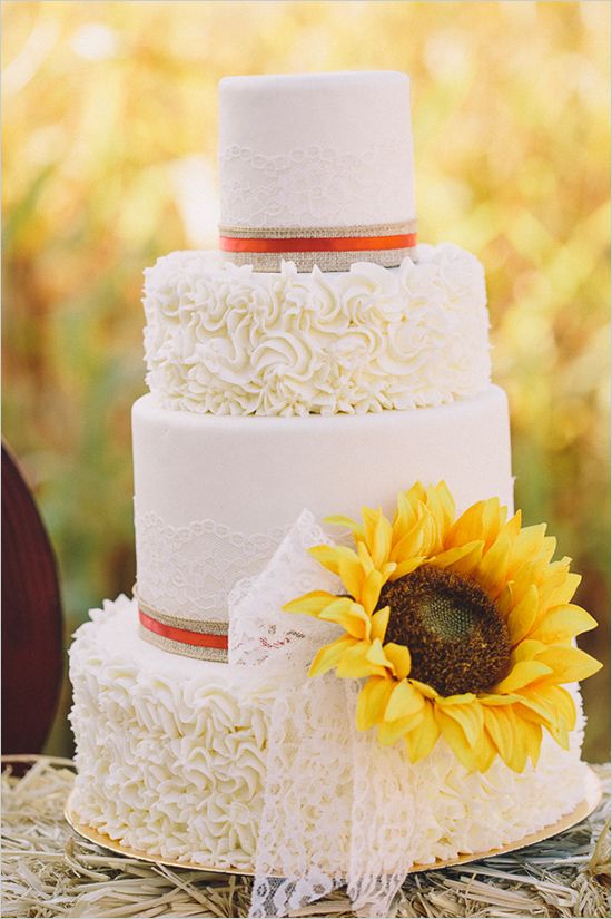 Country Wedding Cake with Sunflowers and Burlap
