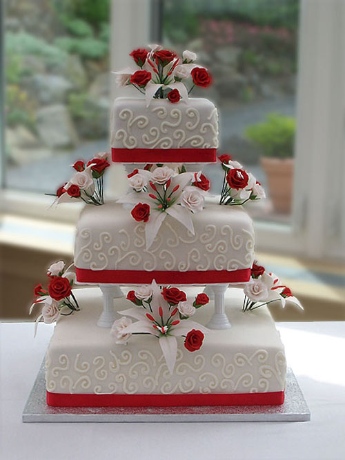 Red and White Flower Wedding Cake