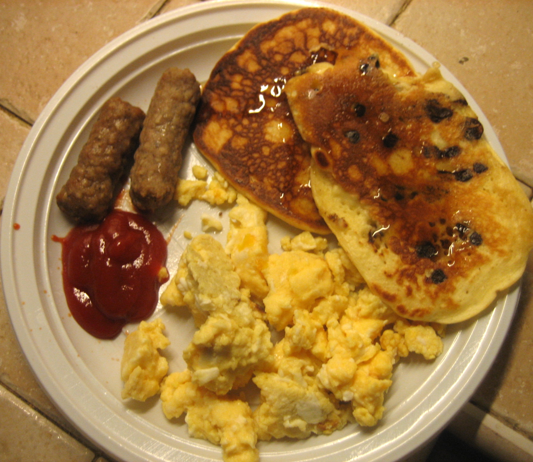 Chocolate Chip Pancakes and Scrambled Eggs Sausage
