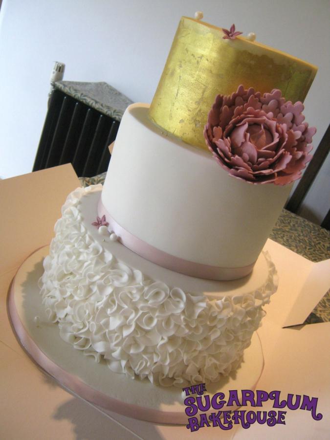 Gold and White 3 Tier Wedding Cake