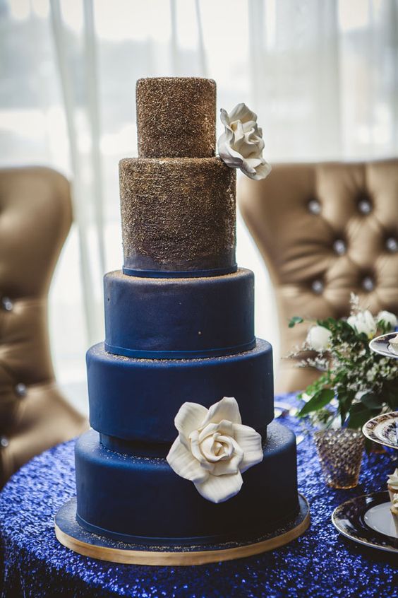 Navy Blue and Gold Wedding Cake