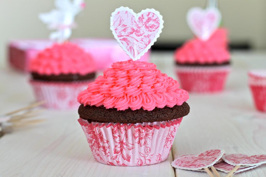 Pink Cupcakes with Chocolate Icing