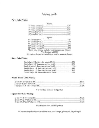 Cupcake Pricing Chart