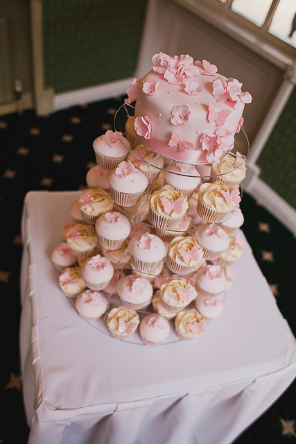 Flower Wedding Cake with Cupcakes Tower