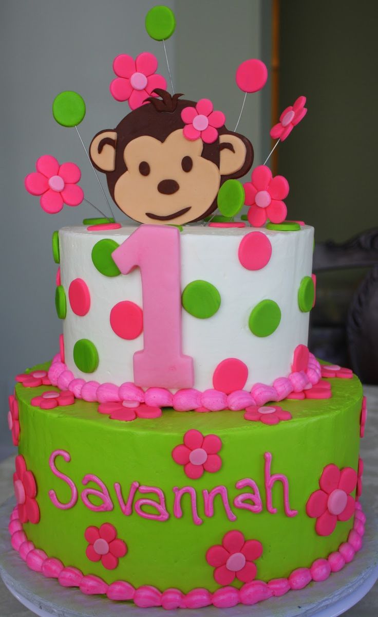 Pink Mod Monkey 1st Birthday Cake