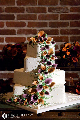Purple and Orange Wedding Cake with Calla Lilies