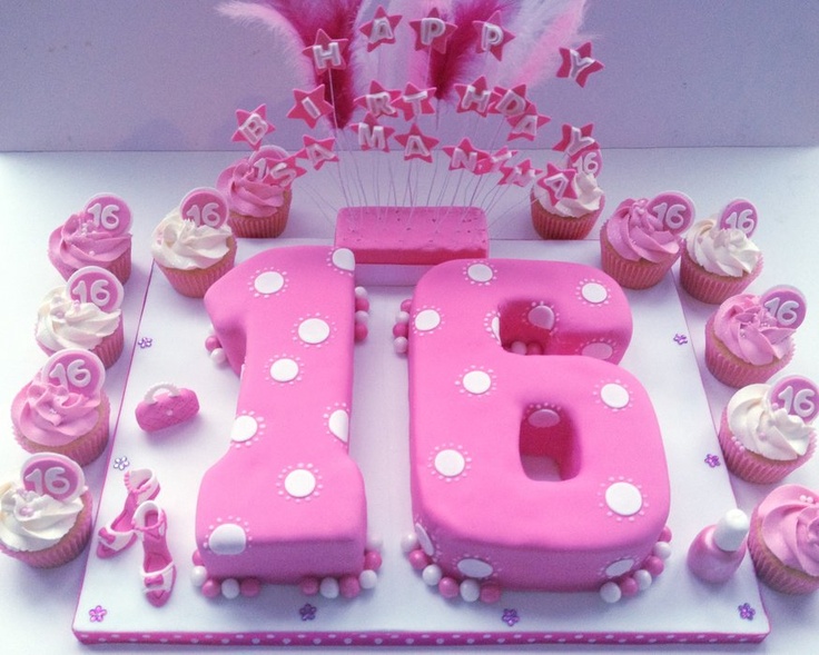 Sweet 16 Birthday Cake and Cupcakes