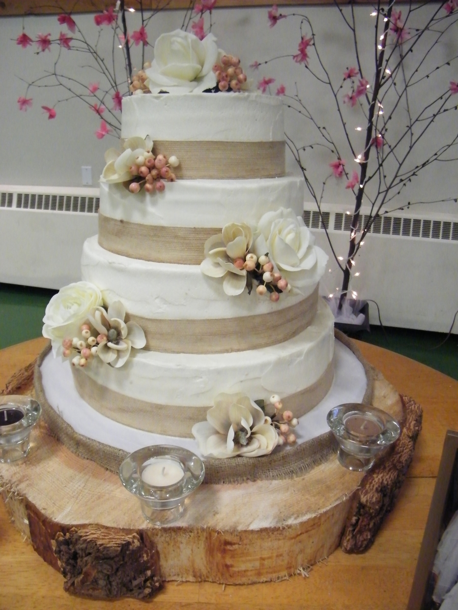 Wedding Cake with Burlap Ribbon Wedding Cake with Burlap Ribbon