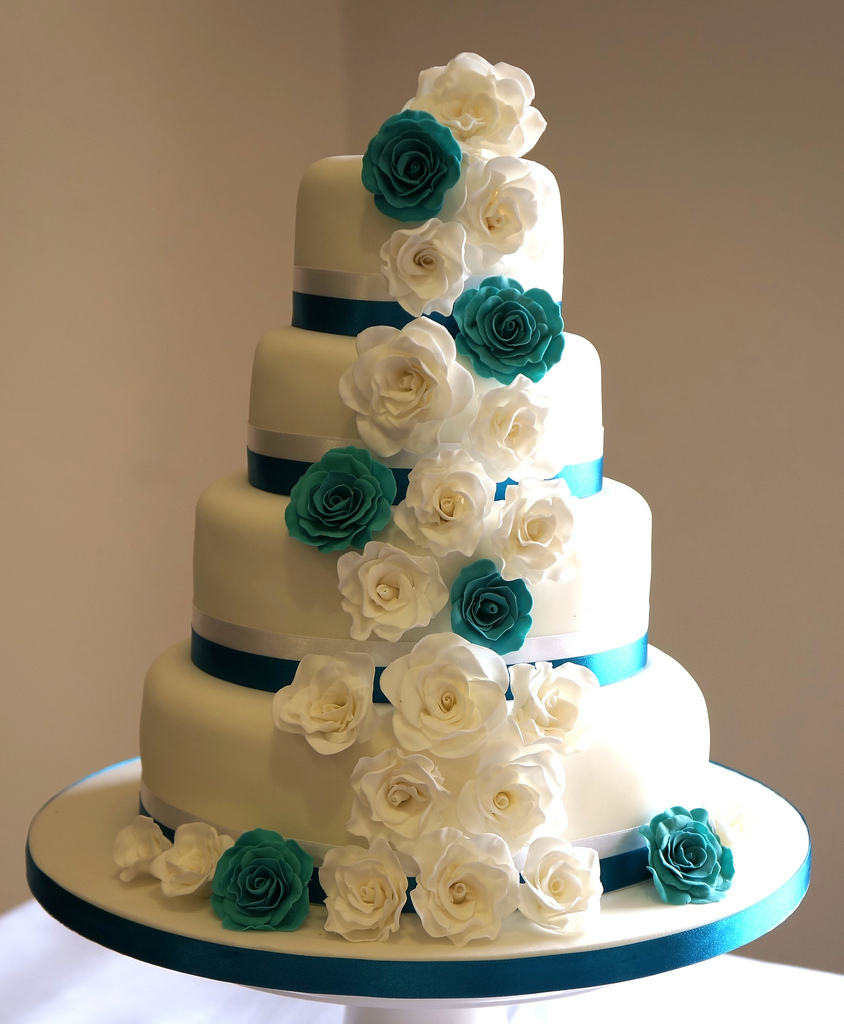 White and Teal Wedding Cake