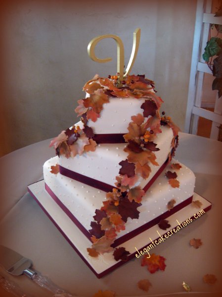Square Wedding Cakes with Fall Leaves Square Wedding Cakes with Fall Leaves