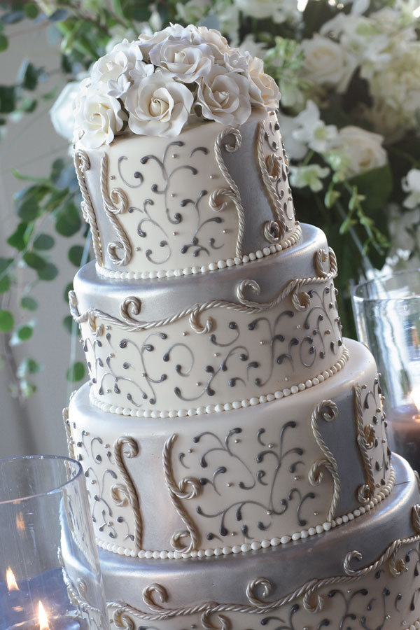 White and Silver Wedding Cake