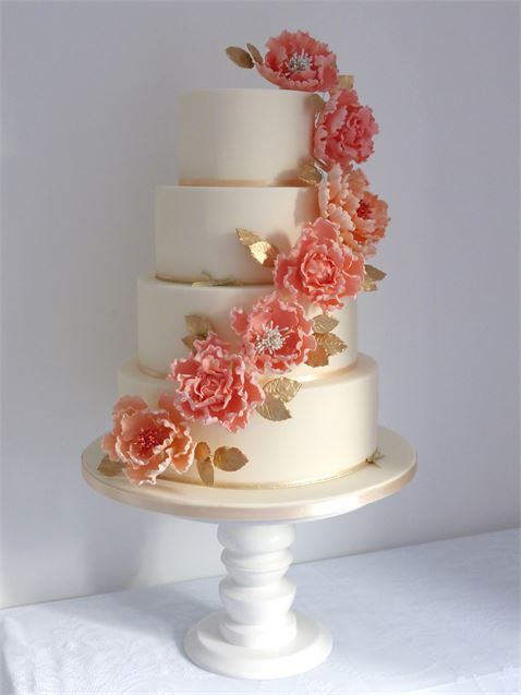 Coral Ivory and Gold Wedding Cake