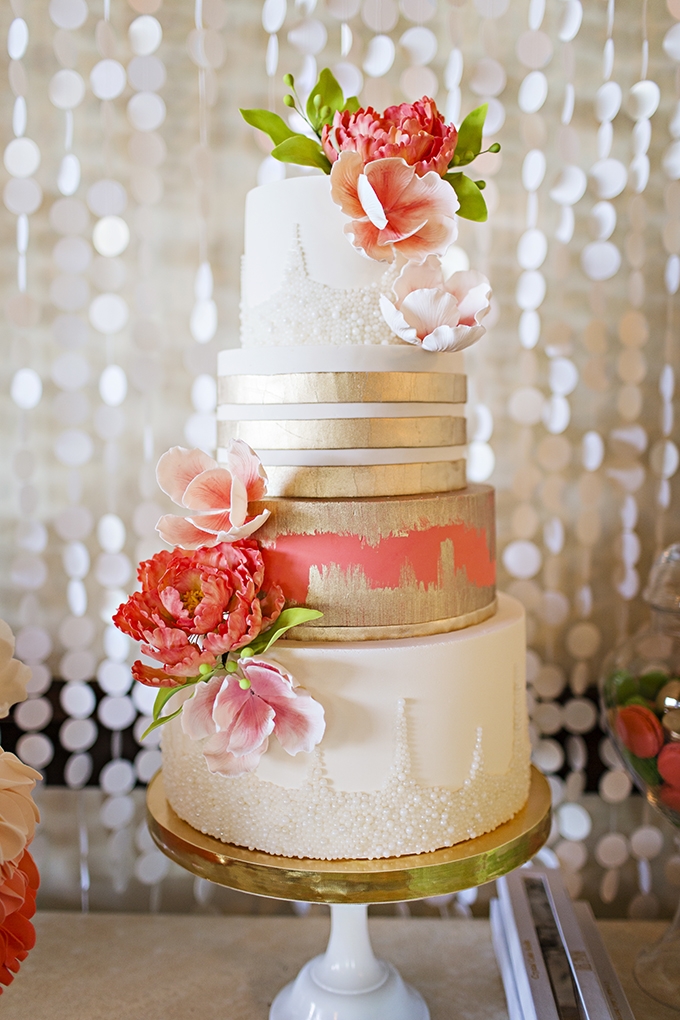Coral Pink and Gold Wedding Cake