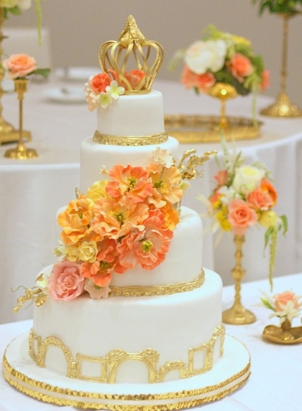 Gold and Coral Color Wedding Cake