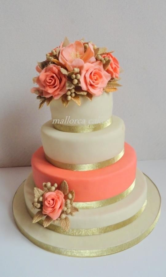 Gold and Coral Wedding Cake