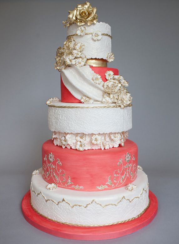 Gold and Coral Wedding Cake