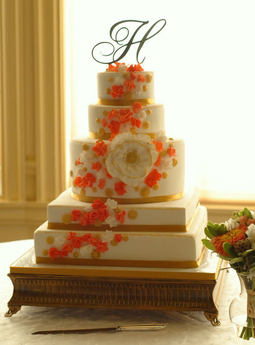 Gold and Coral Wedding Cake