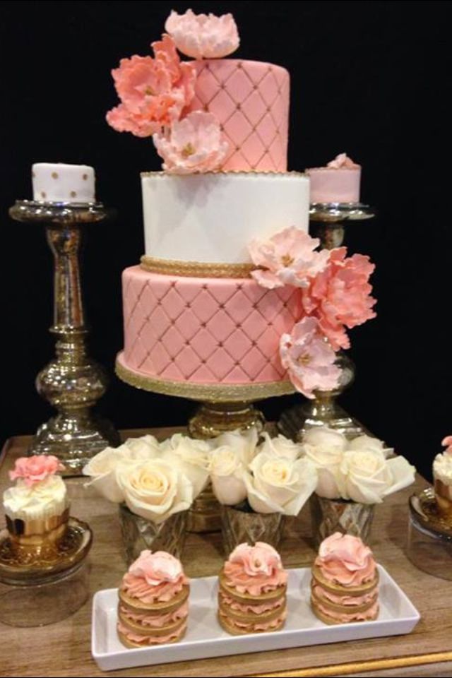 Gold and Coral Wedding Cake