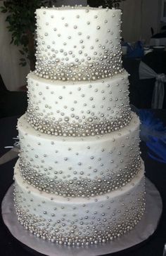 Silver White Wedding Cake with Pearls
