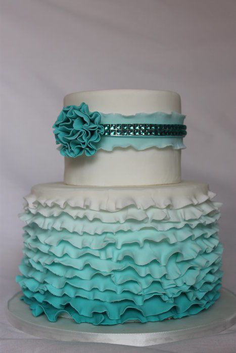 Teal Ombre Ruffle Wedding Cake