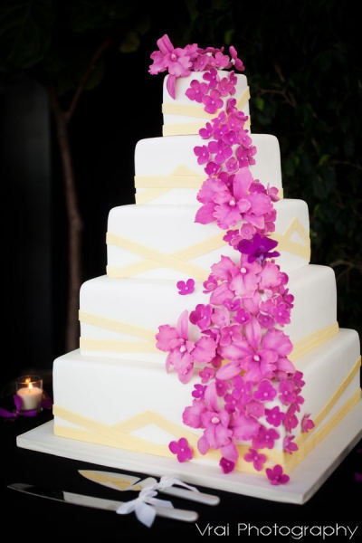 Waterfall Wedding Cakes with Purple Flowers