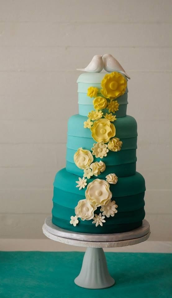 Yellow and Teal Wedding Cake