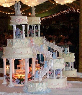 Blue and White Wedding Cake with Fountain