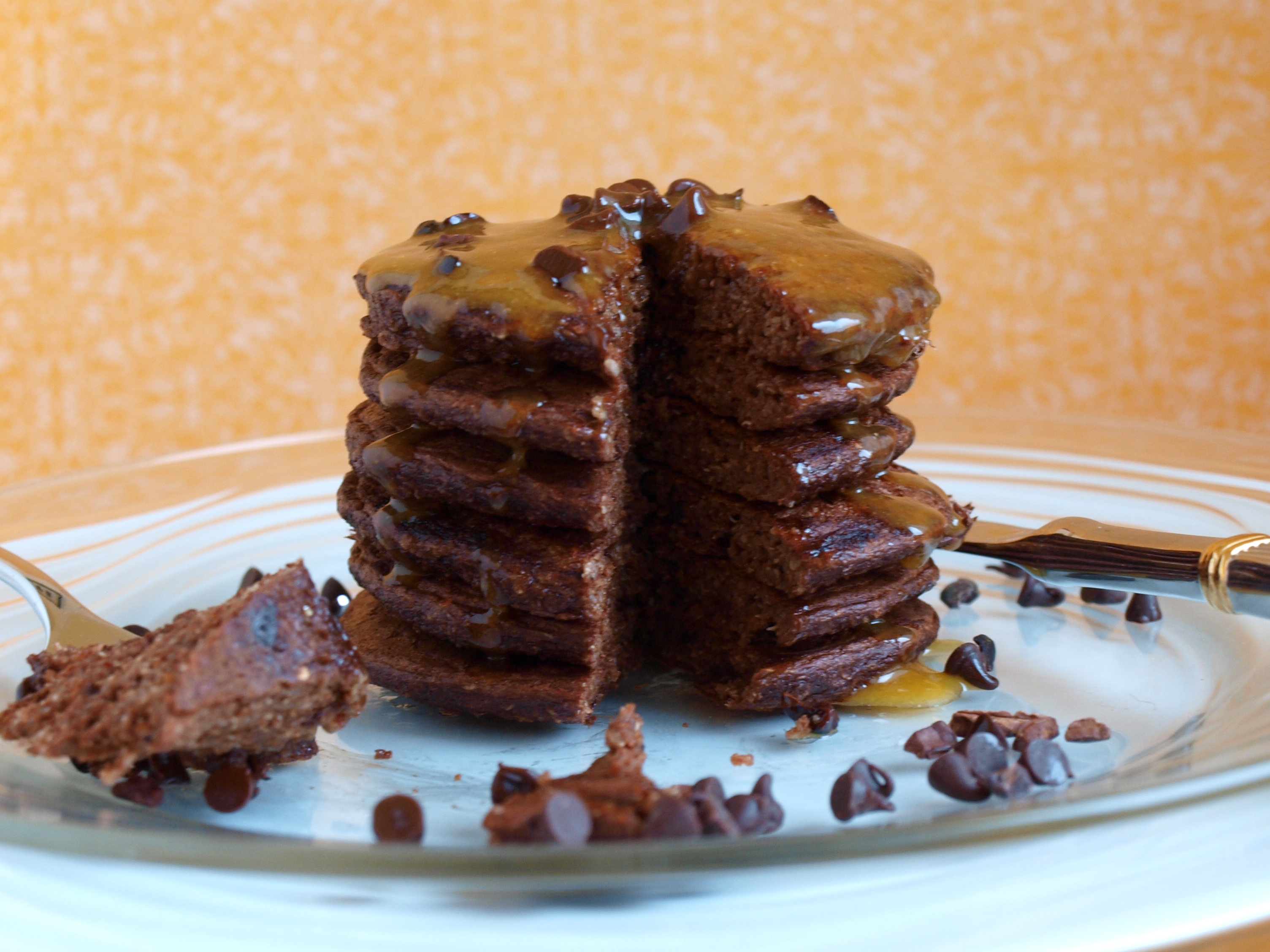 Chocolate Peanut Butter Pancakes with Syrup