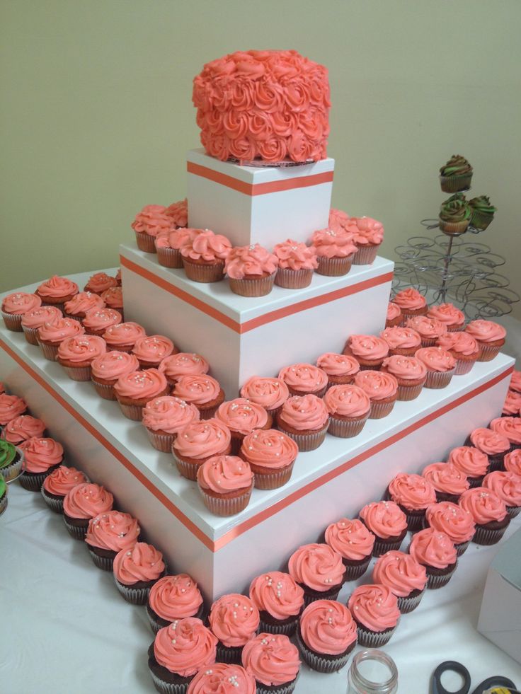 Coral Wedding Cake and Cupcakes