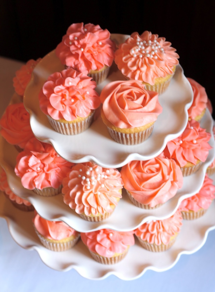 Coral Wedding Cake and Cupcakes